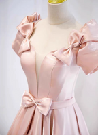 Sweet Pink A-Line Puff Sleeve Bow Satin Long Prom Dresses Evening Dresses