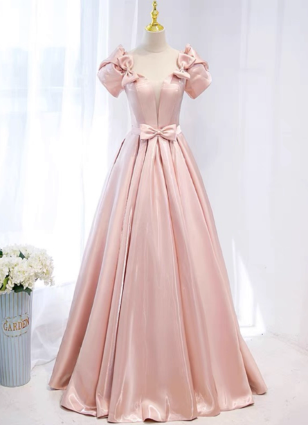 Sweet Pink A-Line Puff Sleeve Bow Satin Long Prom Dresses Evening Dresses