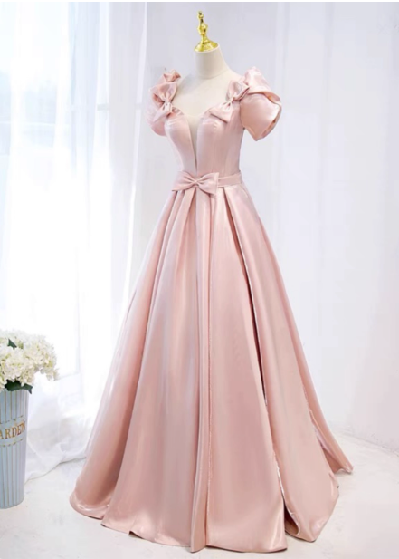 Sweet Pink A-Line Puff Sleeve Bow Satin Long Prom Dresses Evening Dresses