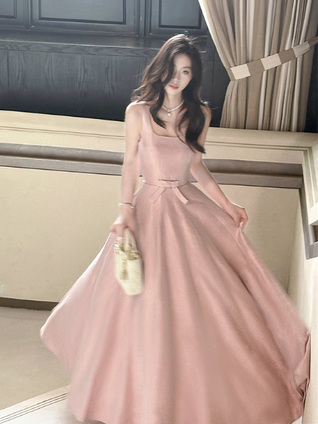 Sweet Pink A-Line Spaghetti Strap Square Neck Satin Long Prom Dresses Evening Dresses Bridesmaid Dresses Secondary image