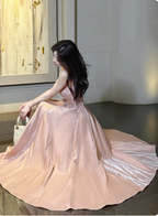 Sweet Pink A-Line Spaghetti Strap Square Neck Satin Long Prom Dresses Evening Dresses Bridesmaid Dresses