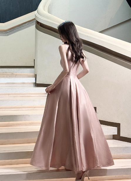 Sweet Pink A-Line Spaghetti Strap Square Neck Satin Long Prom Dresses Evening Dresses Bridesmaid Dresses