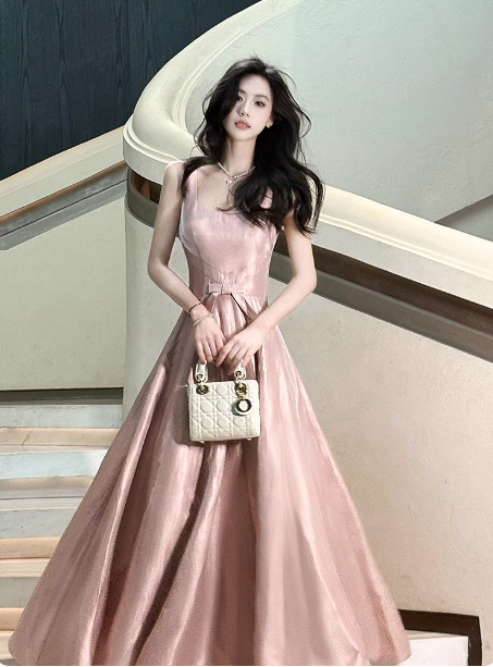 Sweet Pink A-Line Spaghetti Strap Square Neck Satin Long Prom Dresses Evening Dresses Bridesmaid Dresses