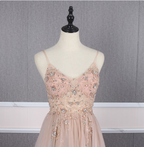 Sweet Pink A-Line Spaghetti Strap V-Neck Beaded Tulle Train Prom Dresses Evening Dresses