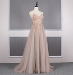 Sweet Pink A-Line Spaghetti Strap V-Neck Beaded Tulle Train Prom Dresses Evening Dresses