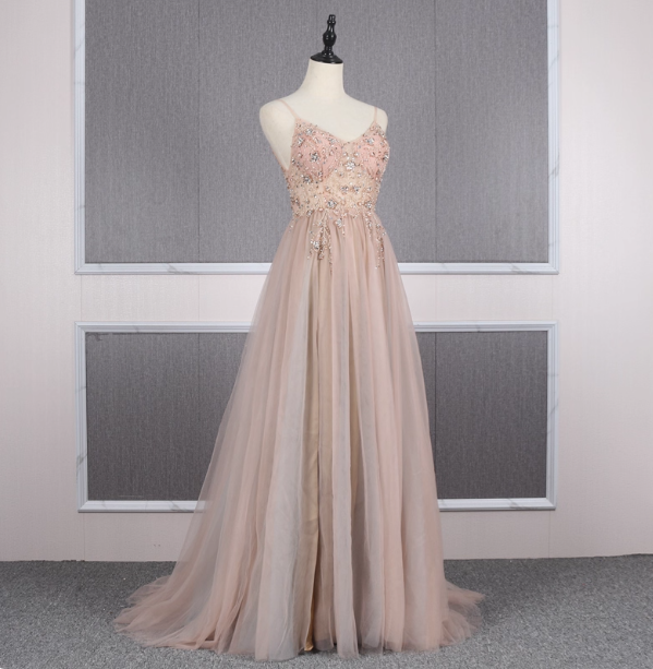 Sweet Pink A-Line Spaghetti Strap V-Neck Beaded Tulle Train Prom Dresses Evening Dresses