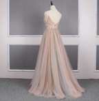 Sweet Pink A-Line Spaghetti Strap V-Neck Beaded Tulle Train Prom Dresses Evening Dresses