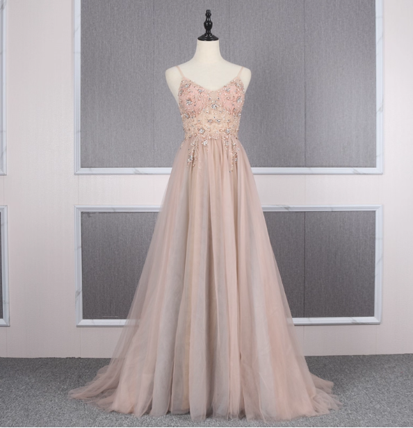 Sweet Pink A-Line Spaghetti Strap V-Neck Beaded Tulle Train Prom Dresses Evening Dresses