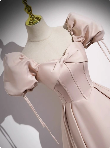 Sweet Pink A-Line Square Neck Puff Sleeve Satin Long Prom Dresses Evening Dresses
