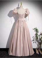 Sweet Pink A-Line Square Neck Puff Sleeve Satin Long Prom Dresses Evening Dresses