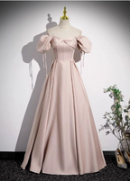 Sweet Pink A-Line Square Neck Puff Sleeve Satin Long Prom Dresses Evening Dresses