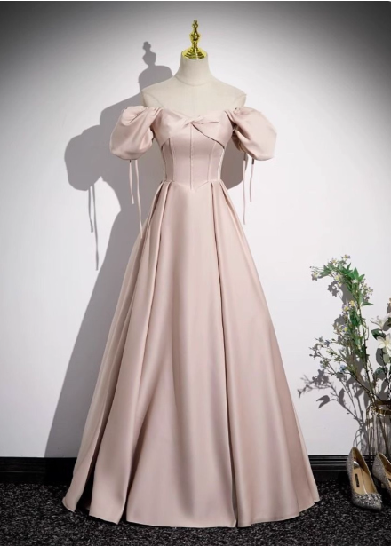 Sweet Pink A-Line Square Neck Puff Sleeve Satin Long Prom Dresses Evening Dresses