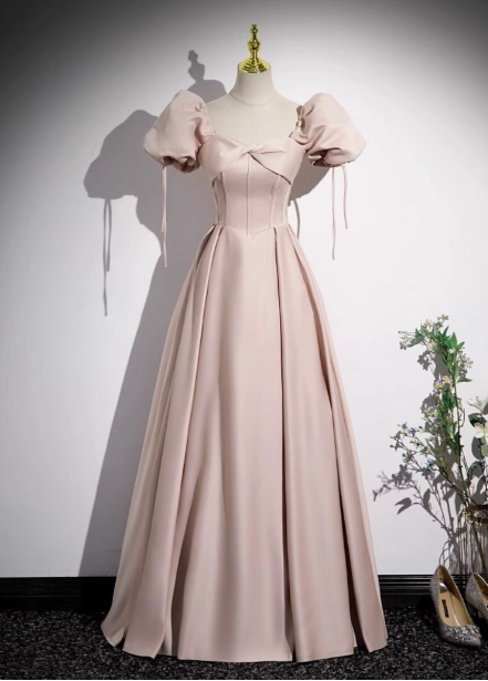 Sweet Pink A-Line Square Neck Puff Sleeve Satin Long Prom Dresses Evening Dresses Main image