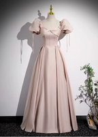 Sweet Pink A-Line Square Neck Puff Sleeve Satin Long Prom Dresses Evening Dresses
