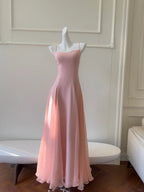 Sweet Pink A-Line Strap Chiffon Long Prom Dresses Evening Dresses
