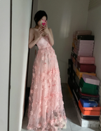Sweet Pink A-Line Strapless 3D Floral Tulle Long Prom Dresses Evening Dresses