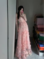 Sweet Pink A-Line Strapless 3D Floral Tulle Long Prom Dresses Evening Dresses