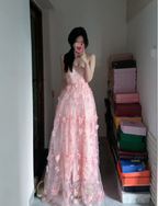 Sweet Pink A-Line Strapless 3D Floral Tulle Long Prom Dresses Evening Dresses