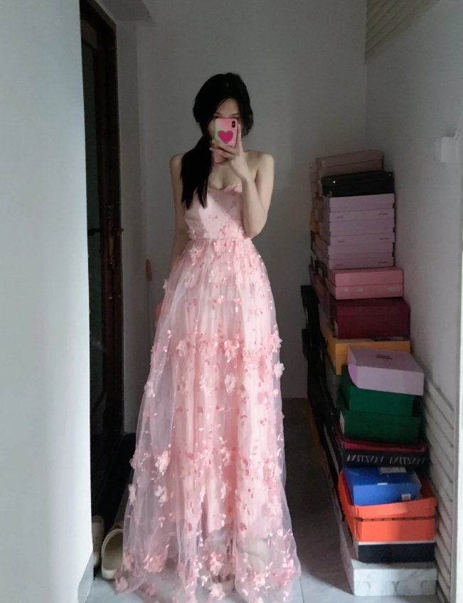 Sweet Pink A-Line Strapless 3D Floral Tulle Long Prom Dresses Evening Dresses Main image