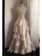 Sweet Pink A-Line Strapless Beaded Layered Chiffon Long Prom Dresses Evening Dresses