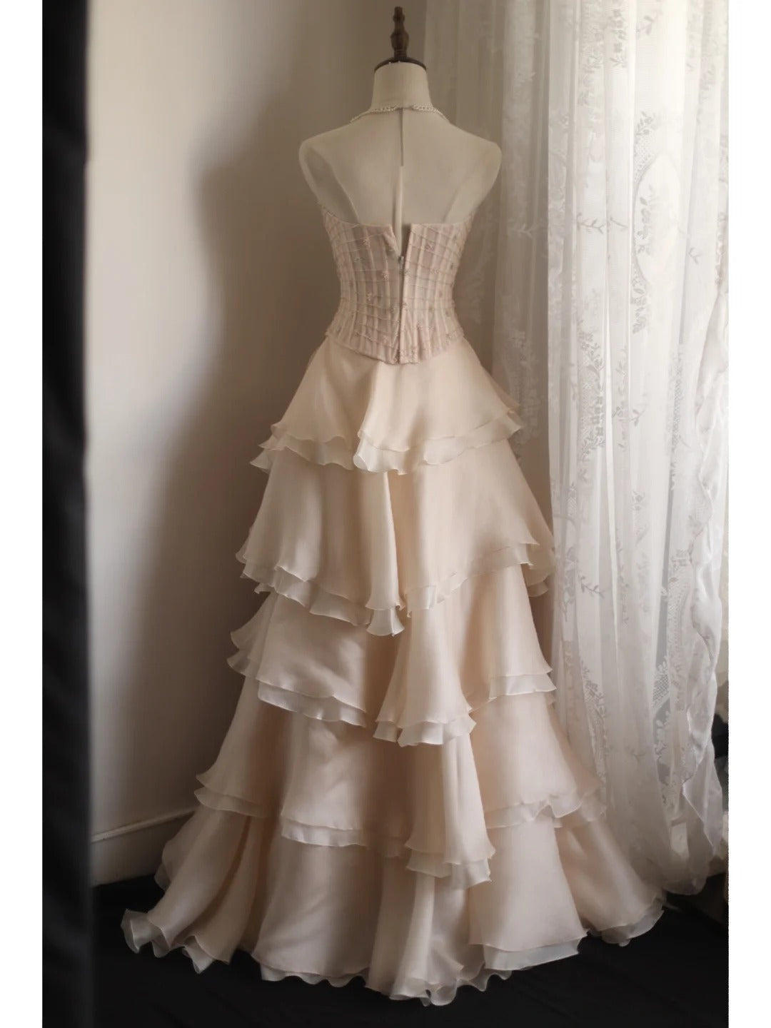Sweet Pink A-Line Strapless Beaded Layered Chiffon Long Prom Dresses Evening Dresses