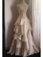 Sweet Pink A-Line Strapless Beaded Layered Chiffon Long Prom Dresses Evening Dresses