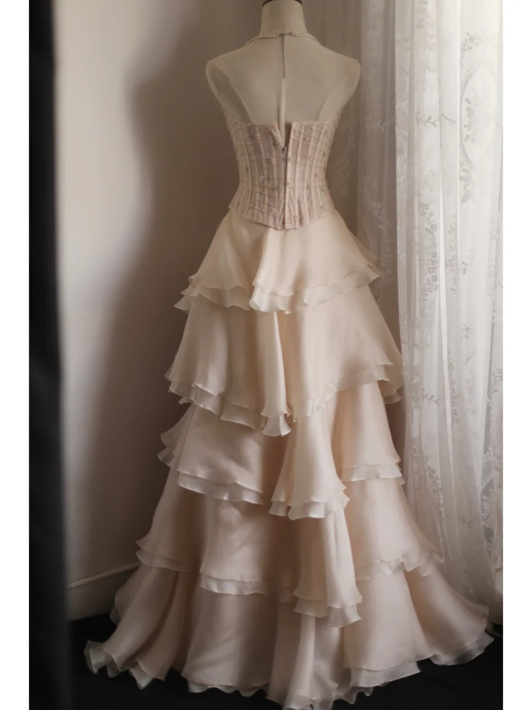Sweet Pink A-Line Strapless Beaded Layered Chiffon Long Prom Dresses Evening Dresses