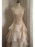 Sweet Pink A-Line Strapless Beaded Layered Chiffon Long Prom Dresses Evening Dresses