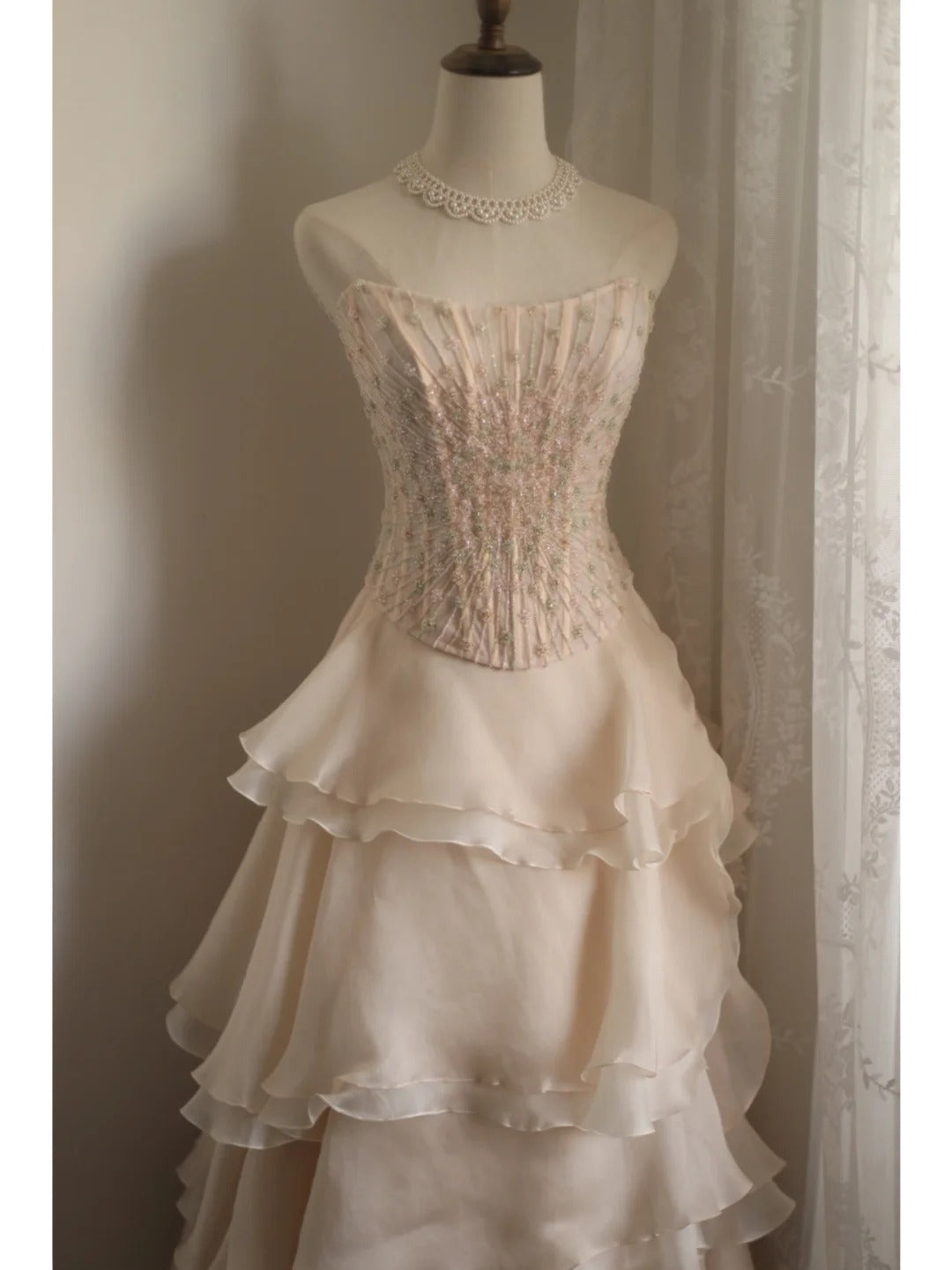 Sweet Pink A-Line Strapless Beaded Layered Chiffon Long Prom Dresses Evening Dresses