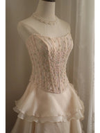 Sweet Pink A-Line Strapless Beaded Layered Chiffon Long Prom Dresses Evening Dresses