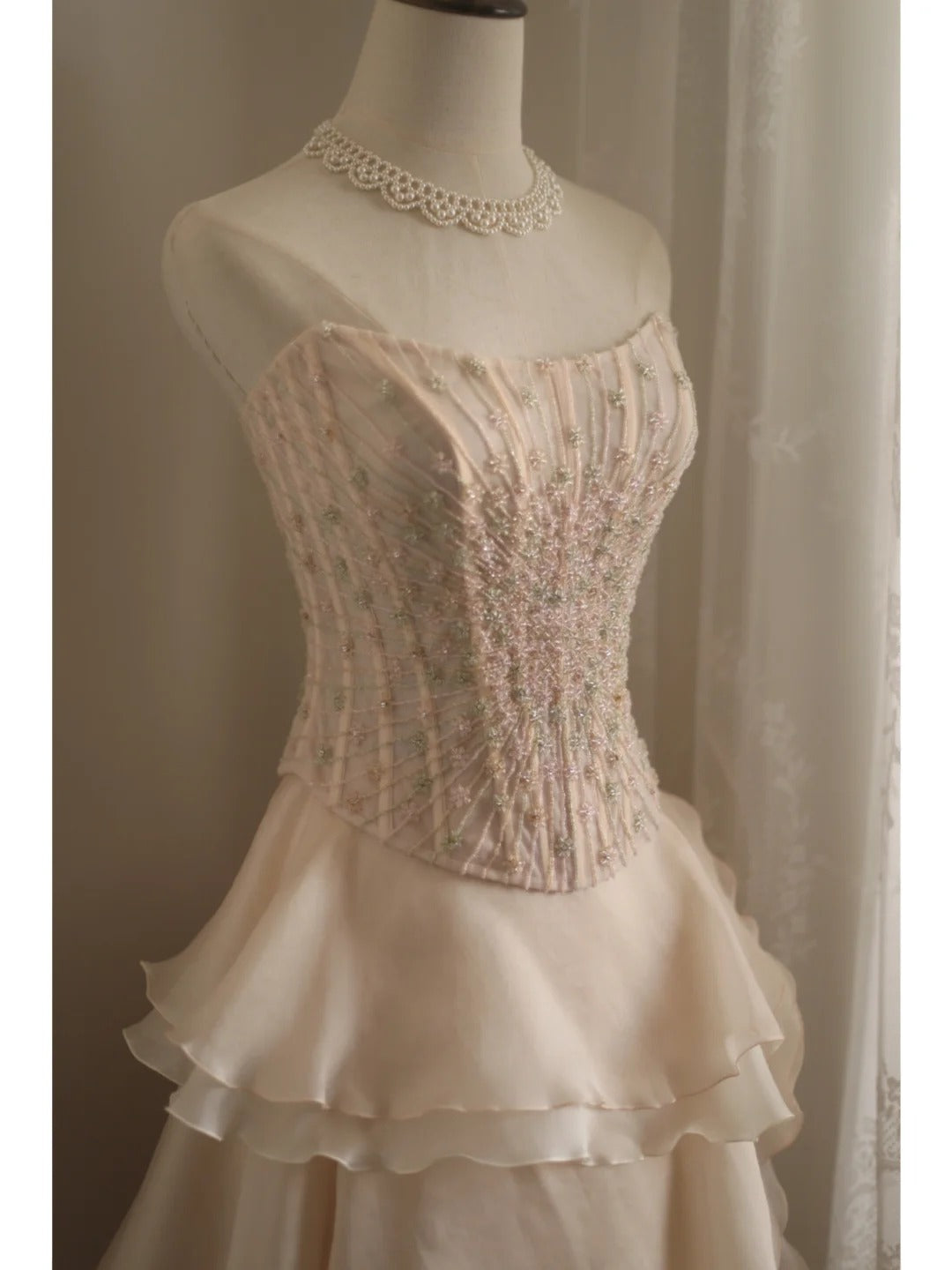 Sweet Pink A-Line Strapless Beaded Layered Chiffon Long Prom Dresses Evening Dresses