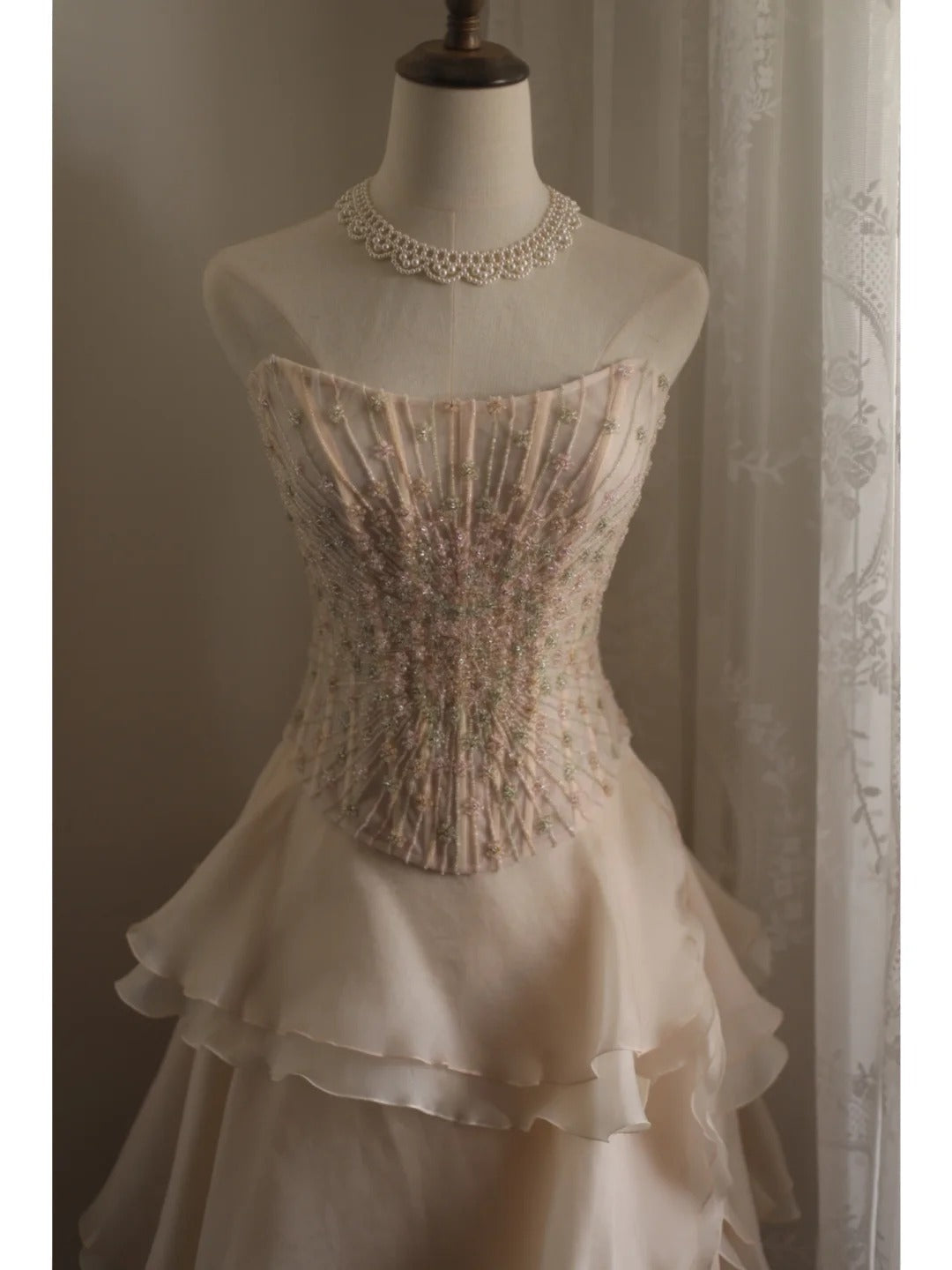 Sweet Pink A-Line Strapless Beaded Layered Chiffon Long Prom Dresses Evening Dresses