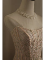 Sweet Pink A-Line Strapless Beaded Layered Chiffon Long Prom Dresses Evening Dresses
