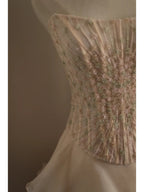 Sweet Pink A-Line Strapless Beaded Layered Chiffon Long Prom Dresses Evening Dresses