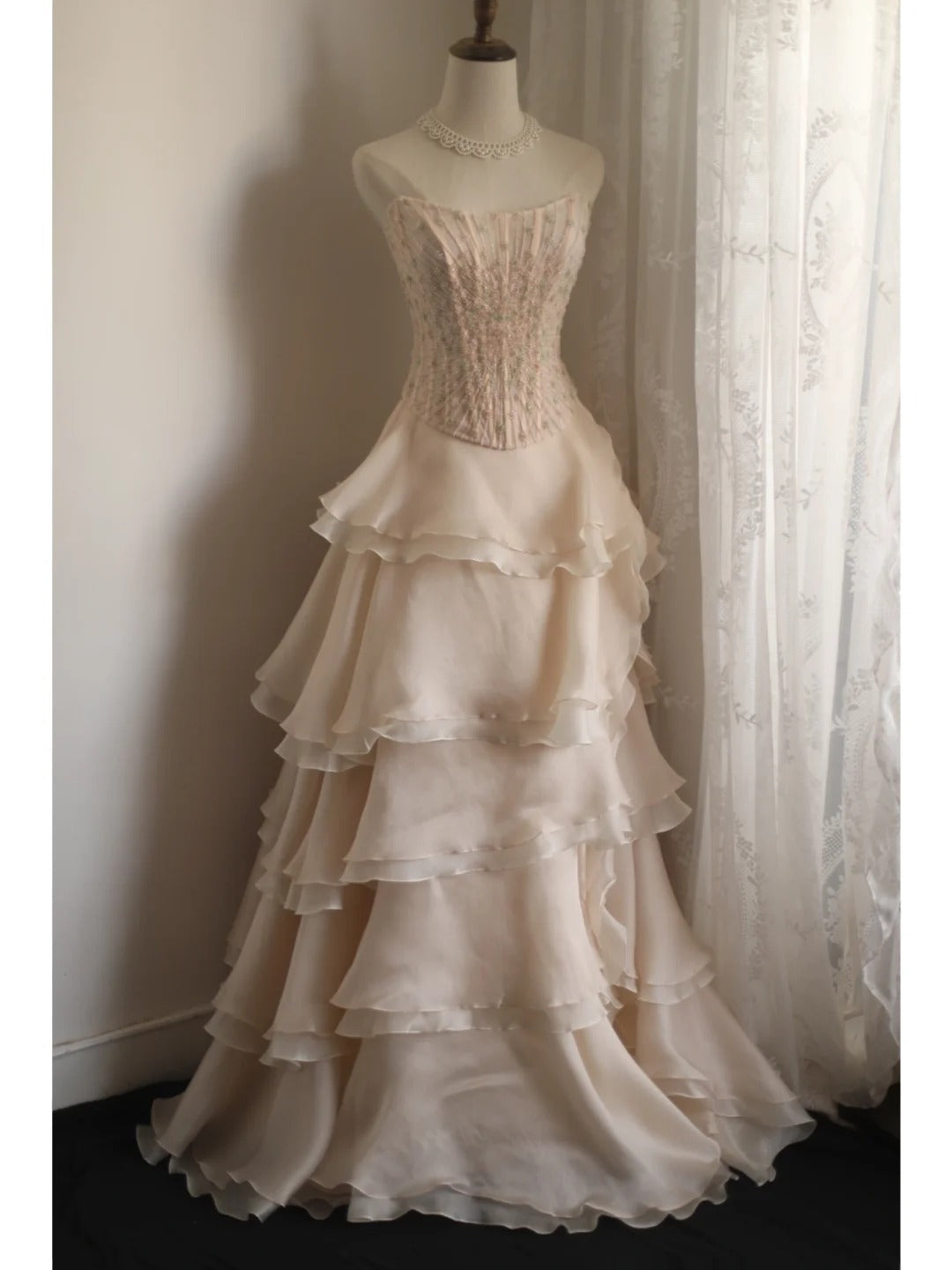 Sweet Pink A-Line Strapless Beaded Layered Chiffon Long Prom Dresses Evening Dresses Main image