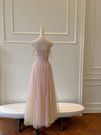 Sweet Pink A-Line Suspenders Sequined Tulle Long Prom Dresses Evening Dresses Bridesmaid Dresses