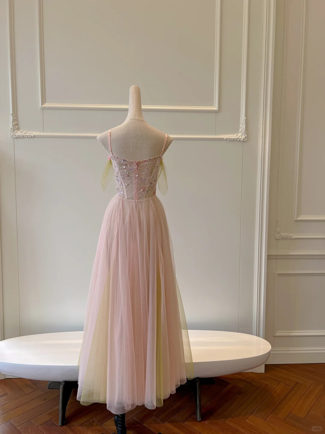 Sweet Pink A-Line Suspenders Sequined Tulle Long Prom Dresses Evening Dresses Bridesmaid Dresses