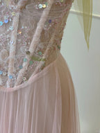 Sweet Pink A-Line Suspenders Sequined Tulle Long Prom Dresses Evening Dresses Bridesmaid Dresses