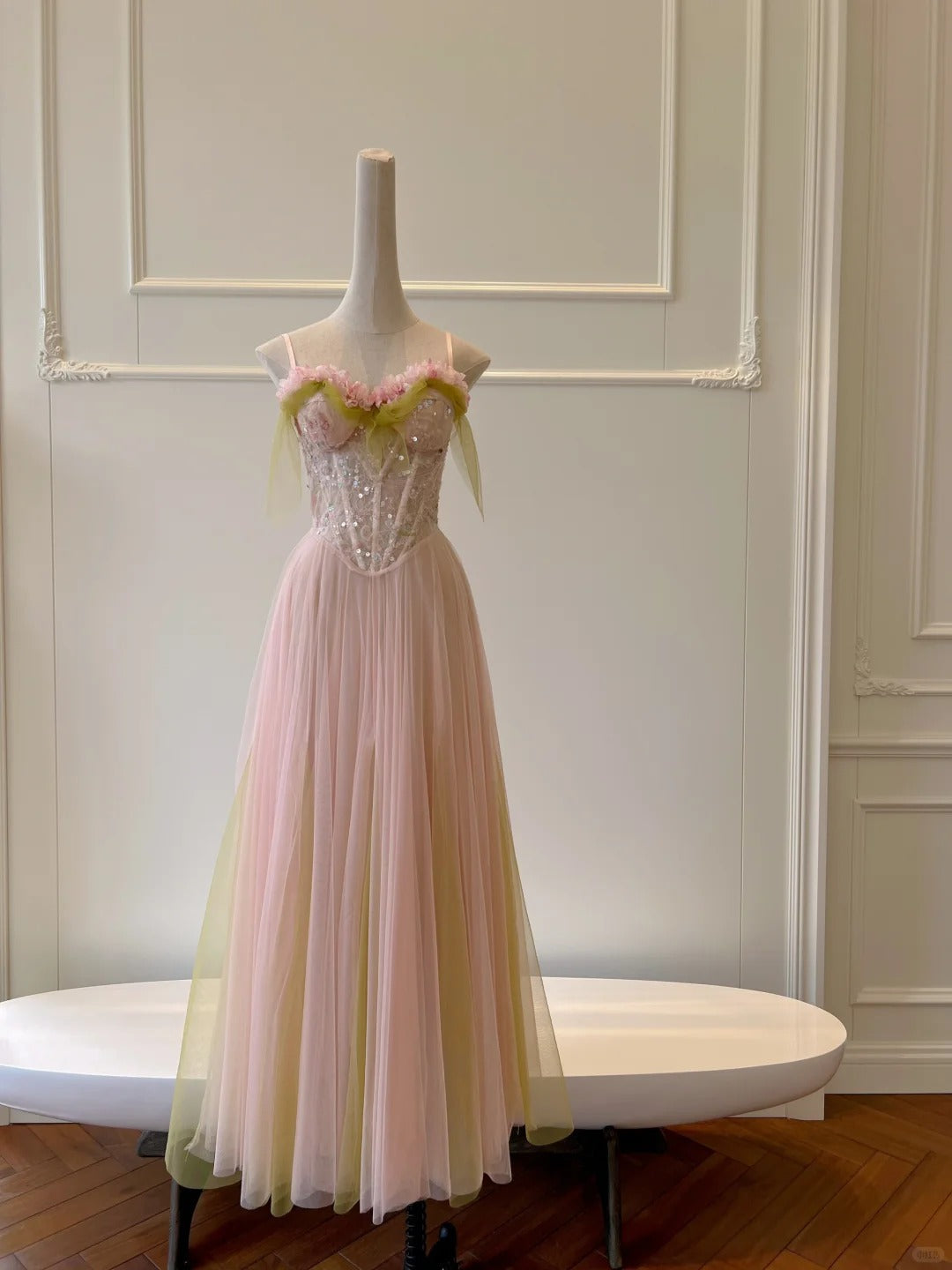 Sweet Pink A-Line Suspenders Sequined Tulle Long Prom Dresses Evening Dresses Bridesmaid Dresses