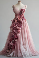 Sweet Pink A-Line Sweetheart Neck Tulle Long Prom Dress 3D Applique Wedding Dress