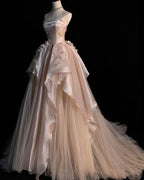 Sweet Pink A-Line Tulle Satin Long Prom Dress Strapless Applique Wedding Dresses
