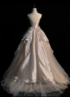 Sweet Pink A-Line Tulle Satin Long Prom Dress Strapless Applique Wedding Dresses