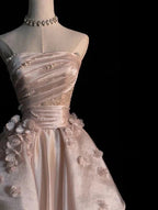 Sweet Pink A-Line Tulle Satin Long Prom Dress Strapless Applique Wedding Dresses