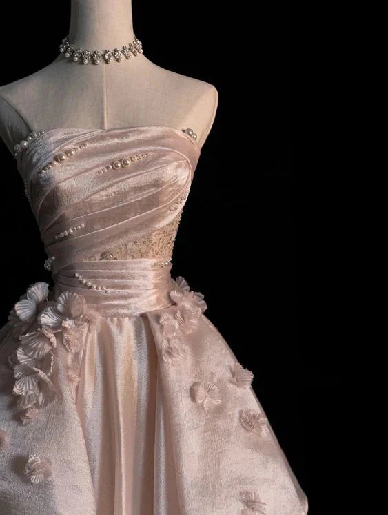 Sweet Pink A-Line Tulle Satin Long Prom Dress Strapless Applique Wedding Dresses
