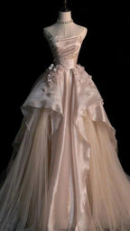 Sweet Pink A-Line Tulle Satin Long Prom Dress Strapless Applique Wedding Dresses