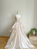 Sweet Pink A-Line Tulle Satin Long Prom Dress Strapless Applique Wedding Dresses