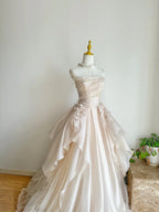Sweet Pink A-Line Tulle Satin Long Prom Dress Strapless Applique Wedding Dresses