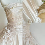Sweet Pink A-Line Tulle Satin Long Prom Dress Strapless Applique Wedding Dresses
