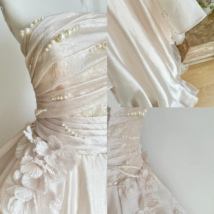 Sweet Pink A-Line Tulle Satin Long Prom Dress Strapless Applique Wedding Dresses