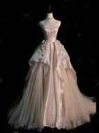 Sweet Pink A-Line Tulle Satin Long Prom Dress Strapless Applique Wedding Dresses